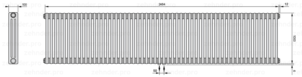 Схема (чертеж) Радиатор Zehnder Charleston 3100/54 №5410 Белый глянцевый RAL 9016